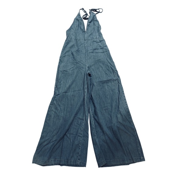 Free People Pants - Free People Denim Halter Jumpsuit Blue Wide Leg Open Back Boho Womens Large